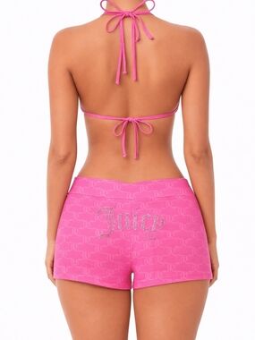🆕️Juicy Couture Pink Rhinestone Bikini Set L Y2K Boyshorts Logo Swimwear Halter